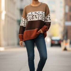 Chic Colorblock Leopard Sweater - Brown and Tan